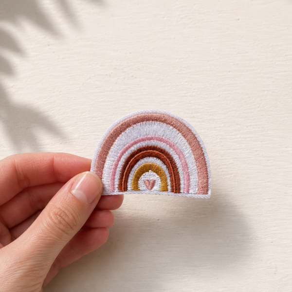 Broderet strygemærke formet som en regnbue i rosa, beige og gyldne nuancer med et lille hjerte i midten. Mærket holdes mellem fingrene foran en lys baggrund.