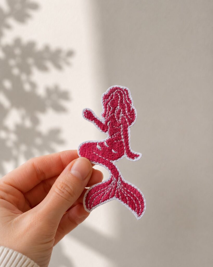 Broderet strygemærke formet som en pink havfrue med lang hale og bølgende hår. Mærket holdes mellem fingrene foran en lys baggrund.