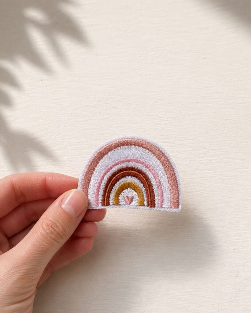 Broderet strygemærke formet som en regnbue i rosa, beige og gyldne nuancer med et lille hjerte i midten. Mærket holdes mellem fingrene foran en lys baggrund.