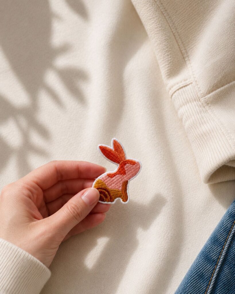 Broderet strygemærke formet som en lille kanin i rosa, terracotta og brune nuancer. Mærket holdes foran en lys sweatshirt.