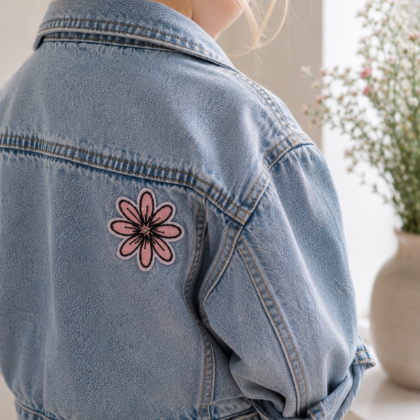 Broderet strygemærke formet som en rosa blomst med mørke detaljer, vist på ryggen af en lys denimjakke.