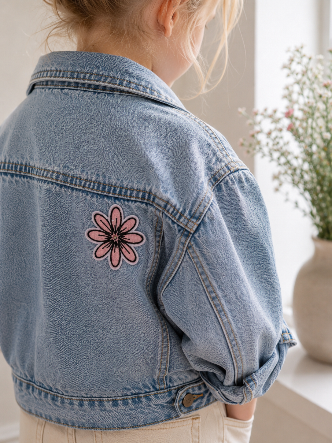 Broderet strygemærke formet som en rosa blomst med mørke detaljer, vist på ryggen af en lys denimjakke.