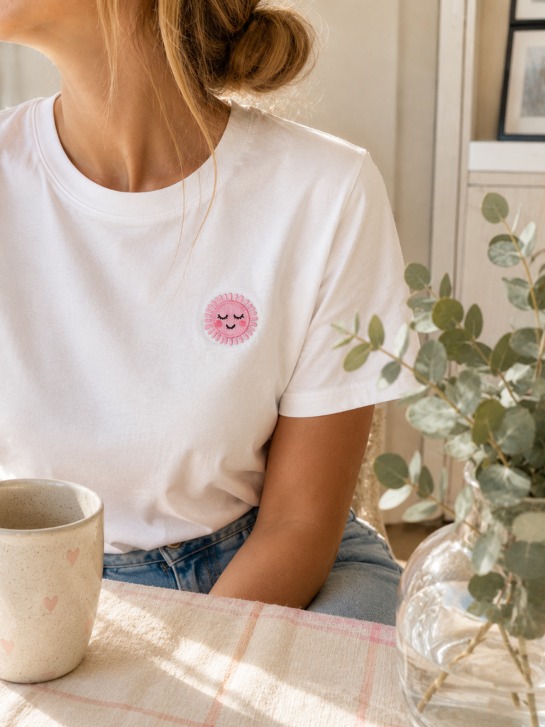 Hvid T-shirt med et lyserødt strygemærke formet som en smilende sol på brystet. Det broderede, påstrygelige stofmærke giver T-shirts, sweatshirts og andet tøj et personligt udtryk og kan bruges til at dekorere eller reparere tøj.