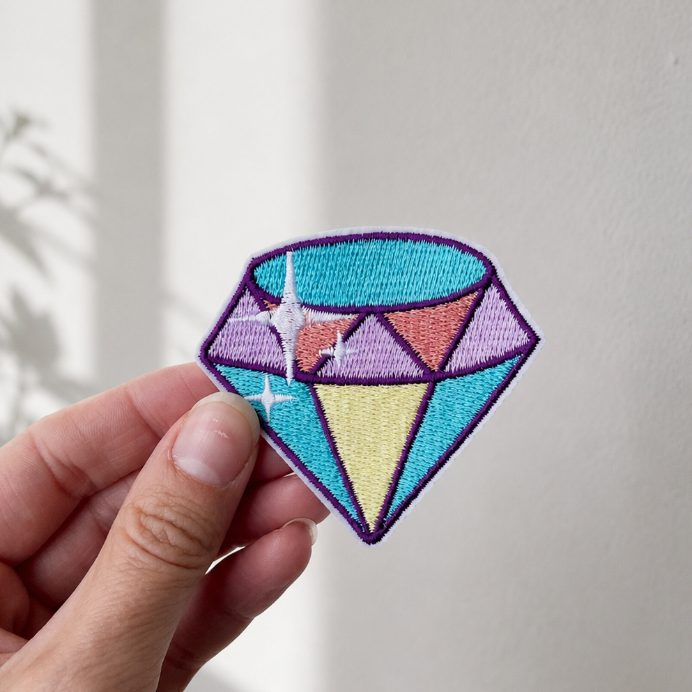 Diamant strygemærke i pastelfarver. Broderet mærke til tøj og tasker i lilla, turkis, rosa og gul.