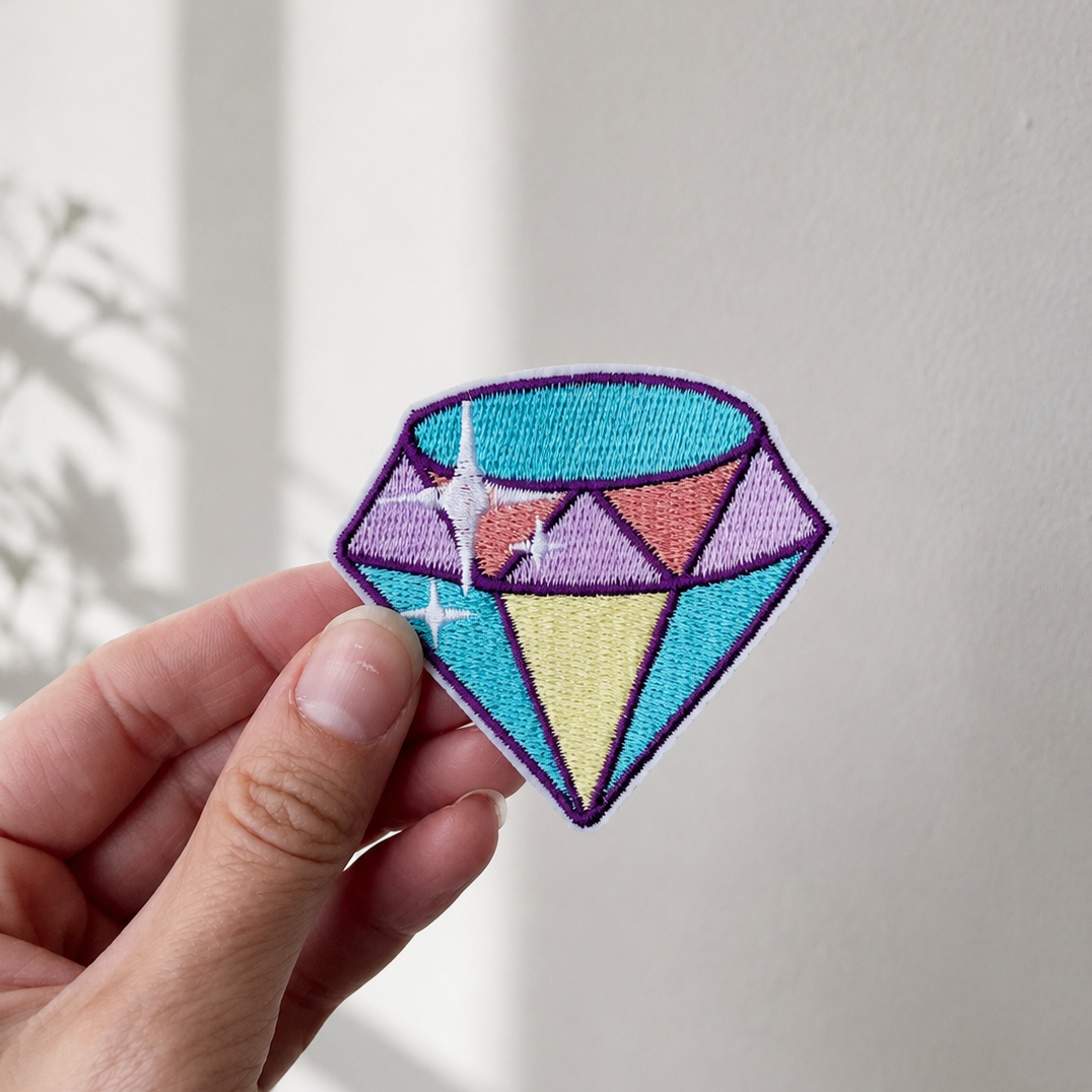 Diamant strygemærke i pastelfarver. Broderet mærke til tøj og tasker i lilla, turkis, rosa og gul.