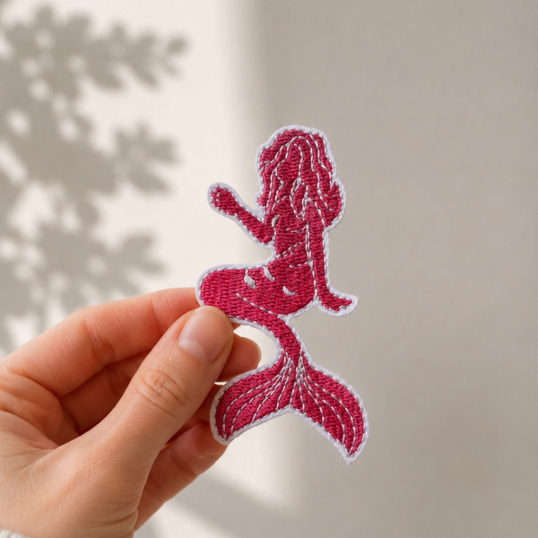 Broderet strygemærke formet som en pink havfrue med lang hale og bølgende hår. Mærket holdes mellem fingrene foran en lys baggrund.