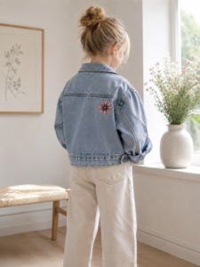 Lyserødt blomster strygemærke på ryggen af en lys denimjakke til børn. Det påstrygelige stofmærke giver jakken et personligt udtryk og er velegnet til at reparere eller dekorere børnetøj.