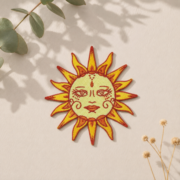 Broderet sol strygemærke med boho-inspireret soldesign i gule og orange nuancer på lys baggrund med naturligt lys. Iron-on patch til jakker, tasker og andet tøj.