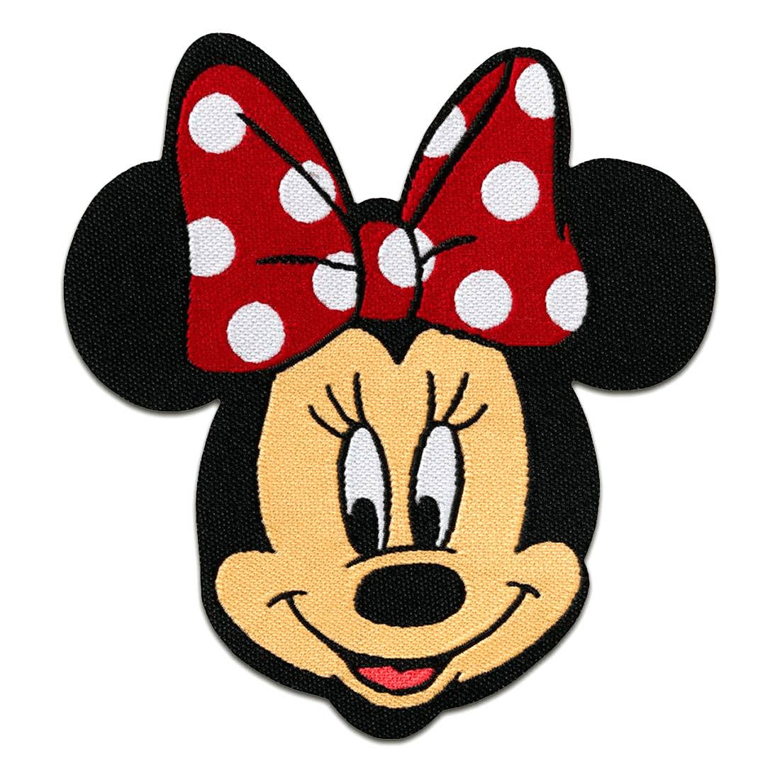 Minnie Mouse strygemærke fra Disney med rød prikket sløjfe til reparation og dekoration af tøj.